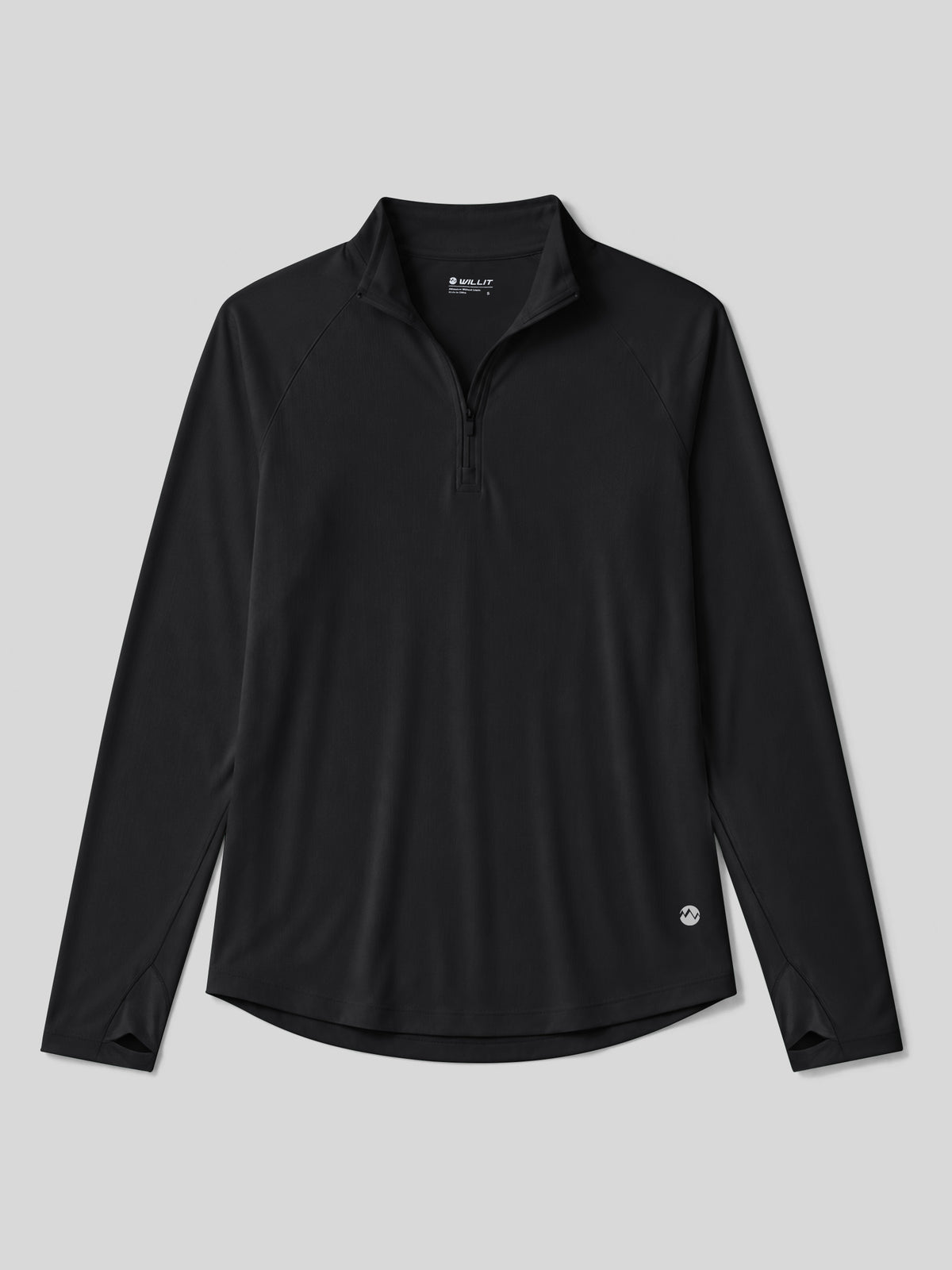 A black long-sleeve quarter-zip athletic pullover with a mock neck collar, displayed flat 