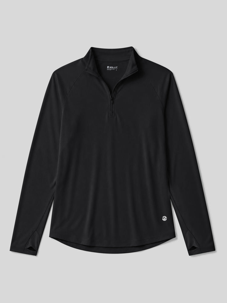 A black long-sleeve quarter-zip athletic pullover with a mock neck collar, displayed flat 