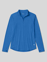 A blue long-sleeve quarter-zip athletic pullover with a stand collar, displayed flat 