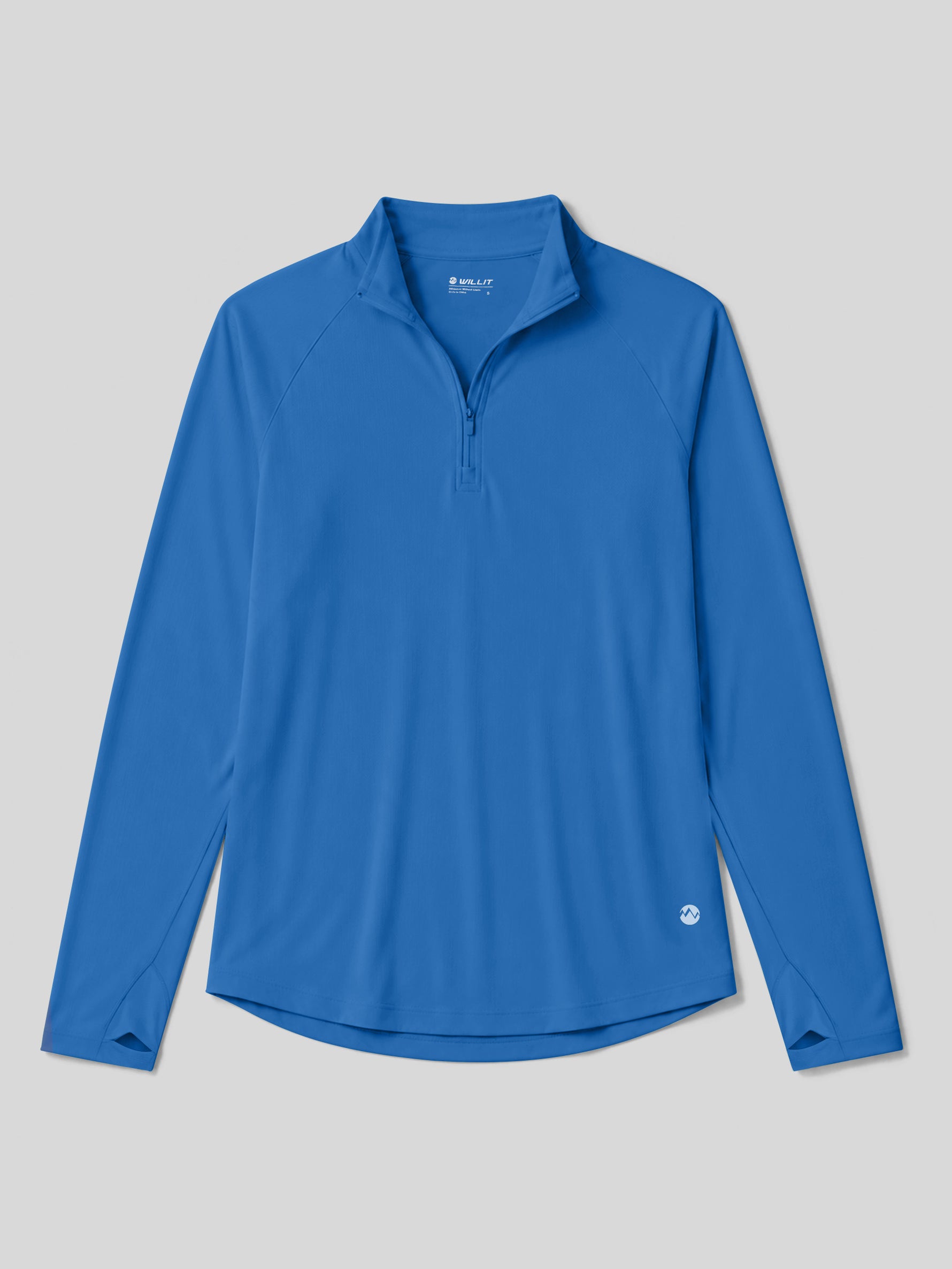 A blue long-sleeve quarter-zip athletic pullover with a stand collar, displayed flat 