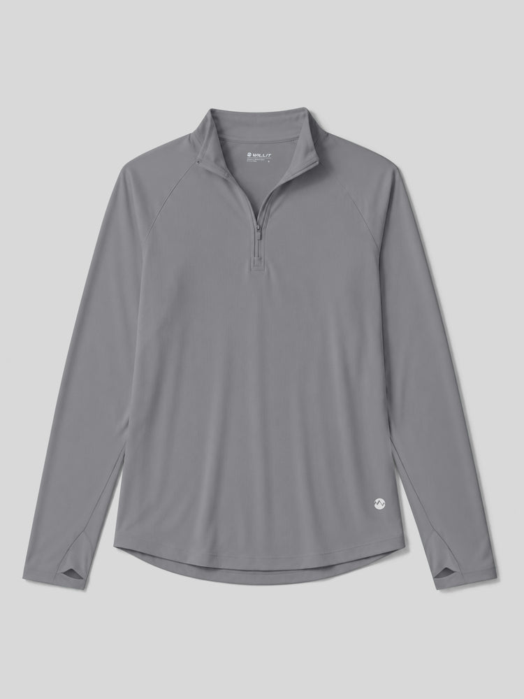 A gray long-sleeve quarter-zip athletic pullover with a stand collar, shown flat 