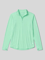 A mint green long-sleeve quarter-zip athletic pullover top, laid flat 