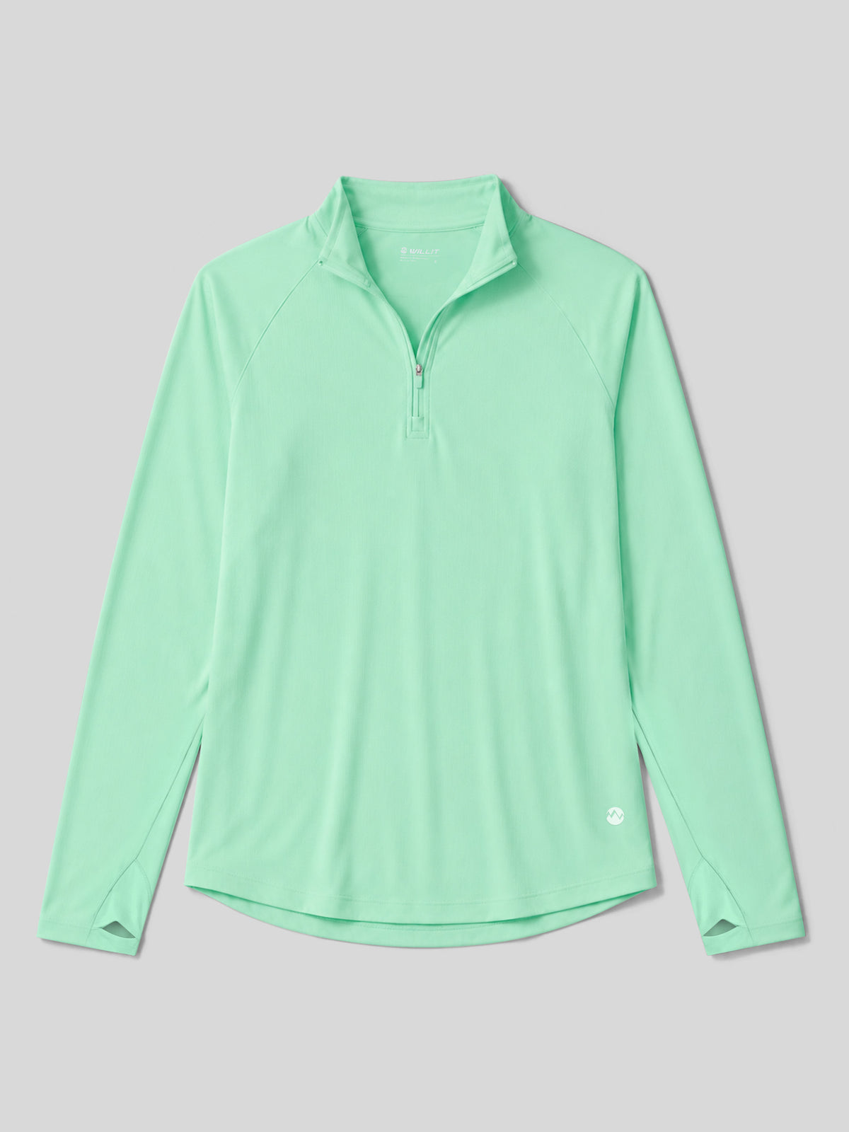 A mint green long-sleeve quarter-zip athletic pullover top, laid flat 