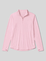 A light pink long-sleeve athletic quarter-zip pullover with a stand collar 
