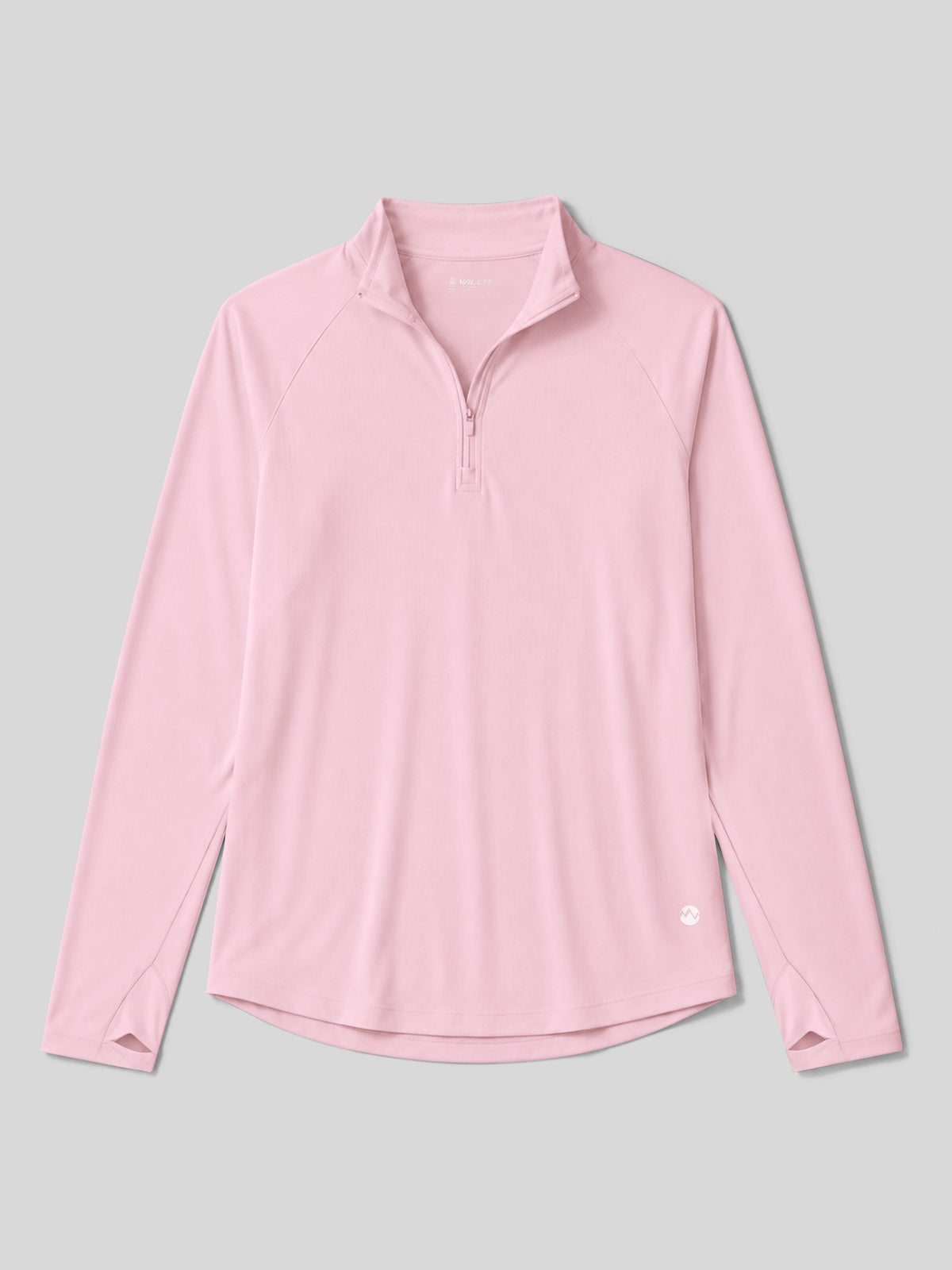 A light pink long-sleeve athletic quarter-zip pullover with a stand collar 