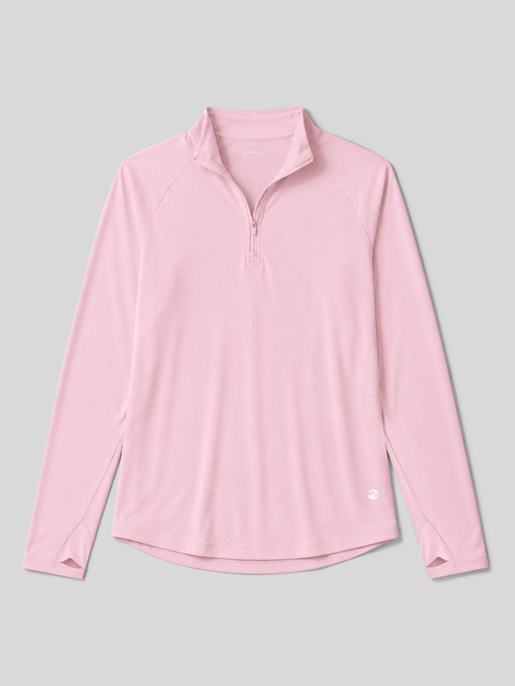 A light pink long-sleeve athletic quarter-zip pullover with a stand collar 