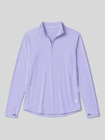 A long-sleeve quarter-zip athletic top with a stand collar, laid flat 