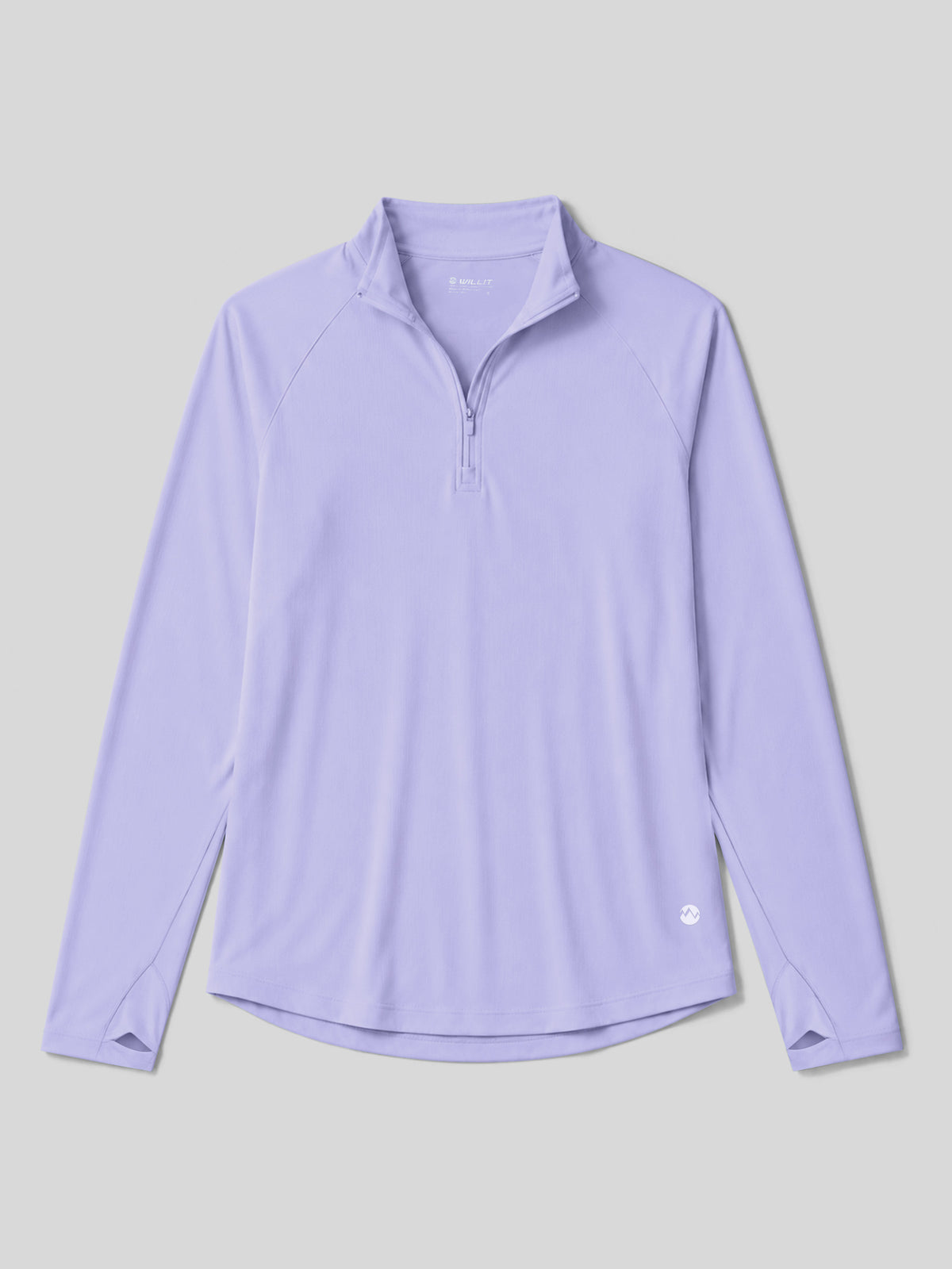 A long-sleeve quarter-zip athletic top with a stand collar, laid flat 