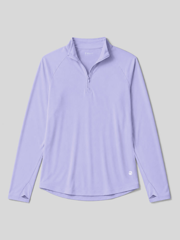 A long-sleeve quarter-zip athletic top with a stand collar, laid flat 