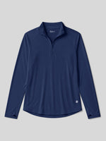 A navy blue long-sleeve quarter-zip athletic pullover with a stand collar, displayed flat 