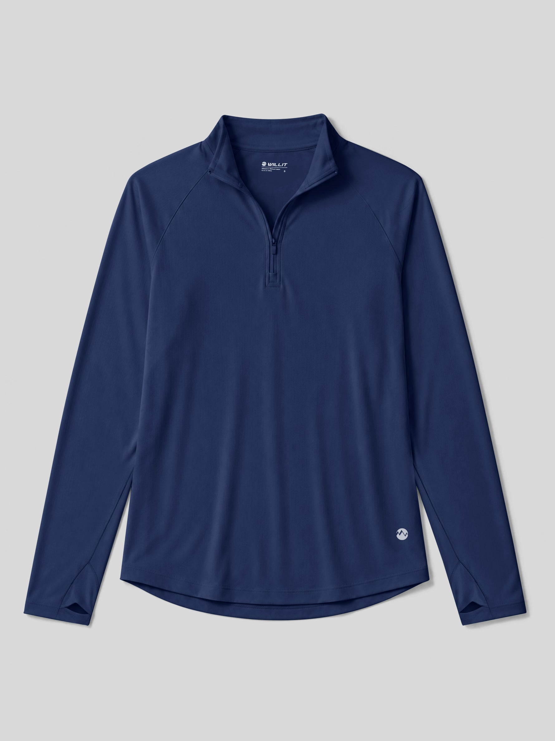 A navy blue long-sleeve quarter-zip athletic pullover with a stand collar, displayed flat 