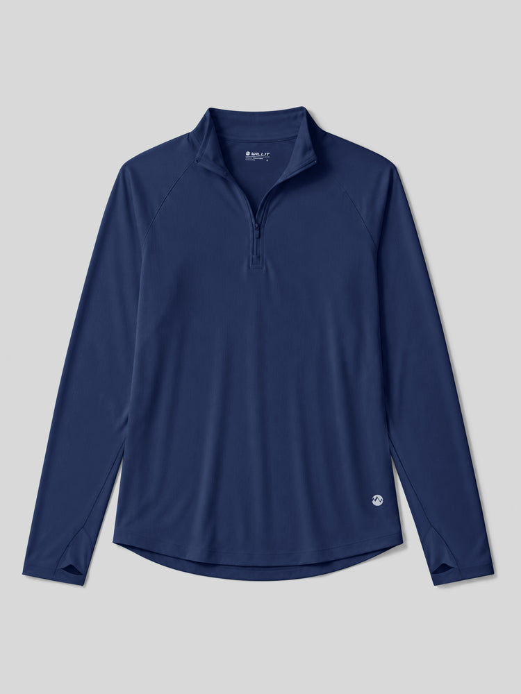 A navy blue long-sleeve quarter-zip athletic pullover with a stand collar, displayed flat 