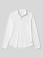 A white long-sleeve quarter-zip athletic top with a stand collar, laid flat 