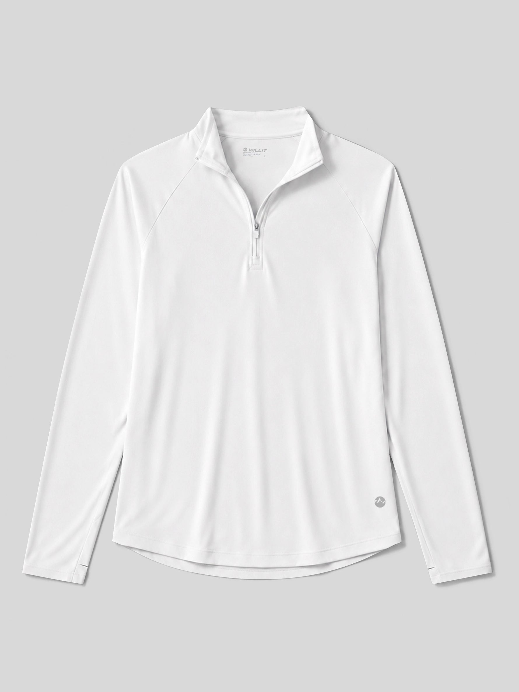 A white long-sleeve quarter-zip athletic top with a stand collar, laid flat 