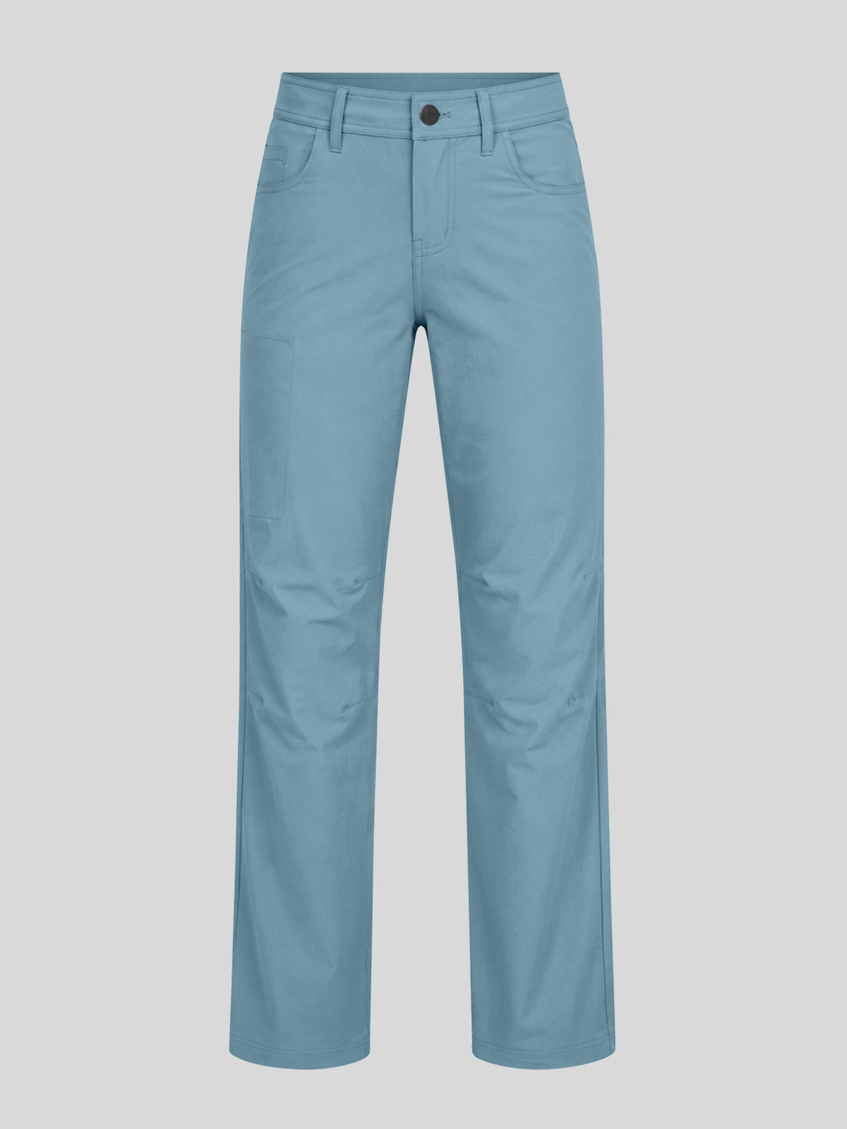A pair of light blue straight-leg pants shown flat 