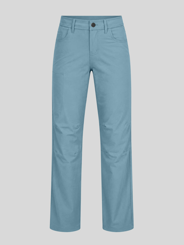 A pair of light blue straight-leg pants shown flat 