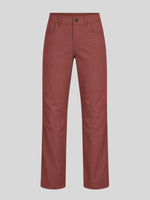 A pair of straight-leg trousers in a dusty terracotta or rust red color, shown flat against a solid light gray background. 