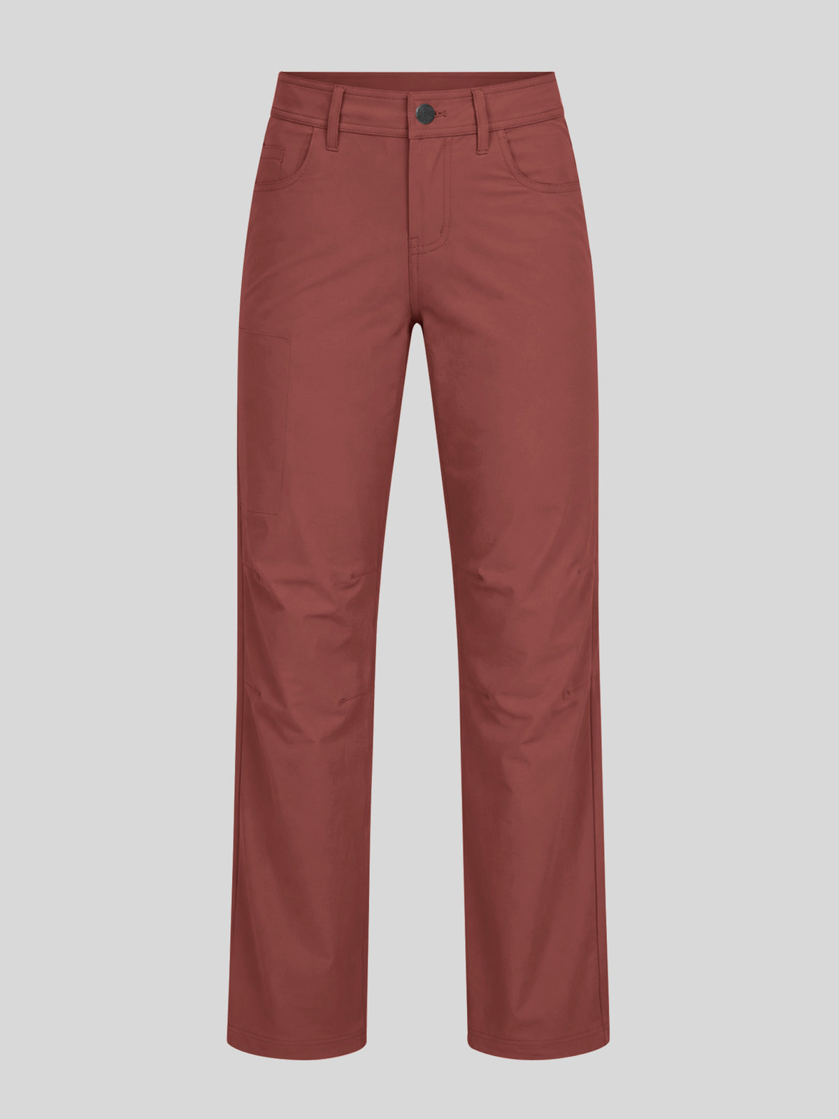 A pair of straight-leg trousers in a dusty terracotta or rust red color, shown flat against a solid light gray background. 