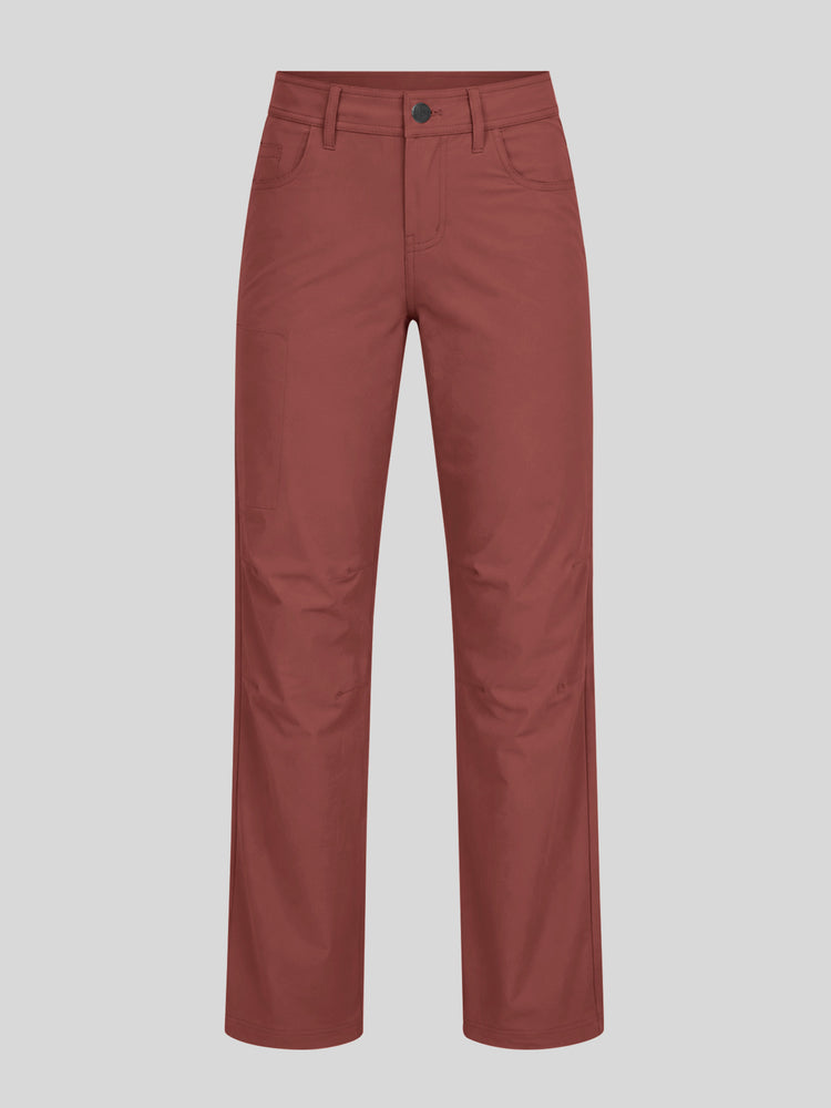 A pair of straight-leg trousers in a dusty terracotta or rust red color, shown flat against a solid light gray background. 