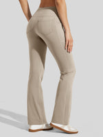 back view of beige high-waisted flared fleece leggings 