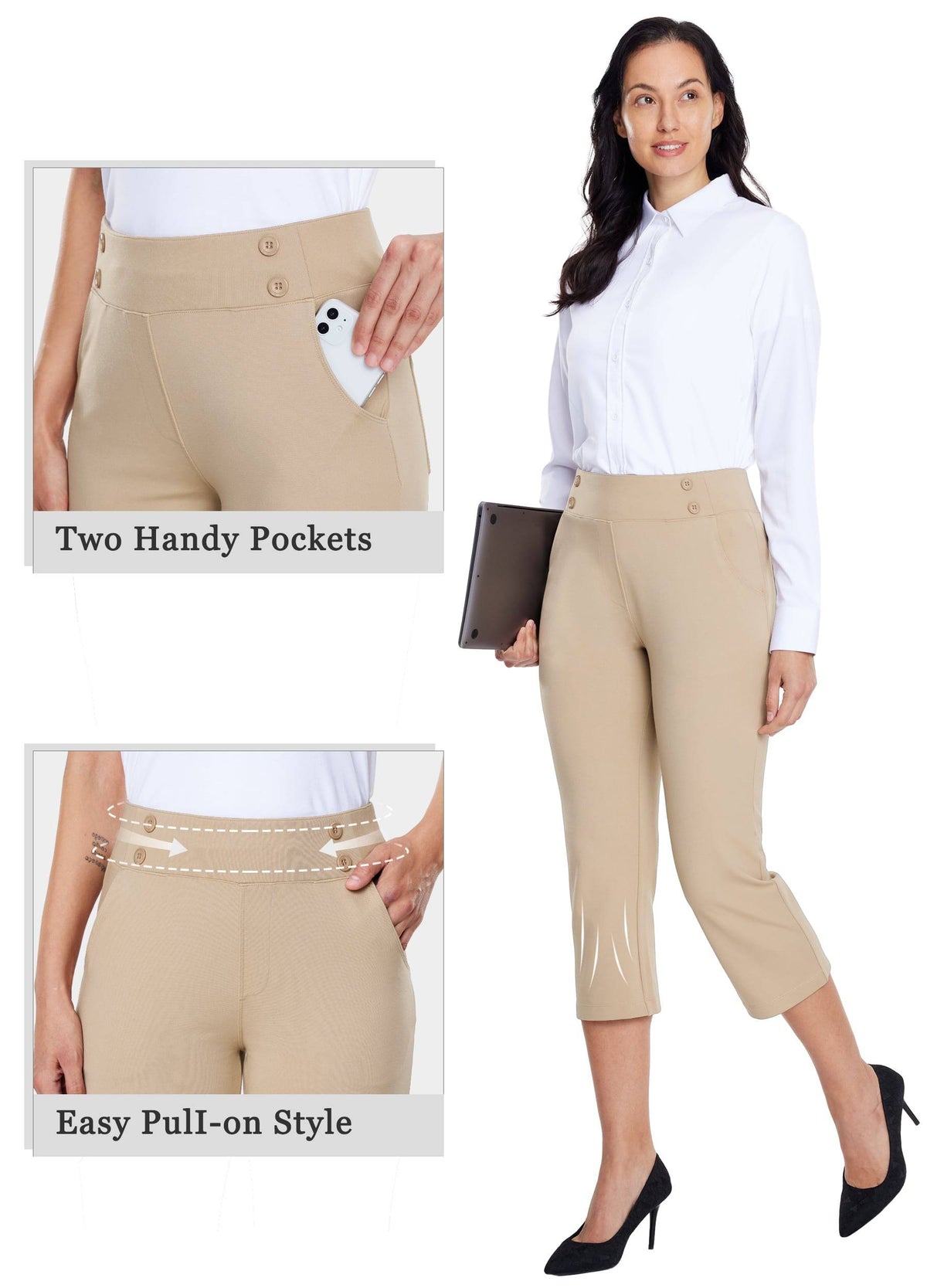 Willit Women's Button Pull On Capris 