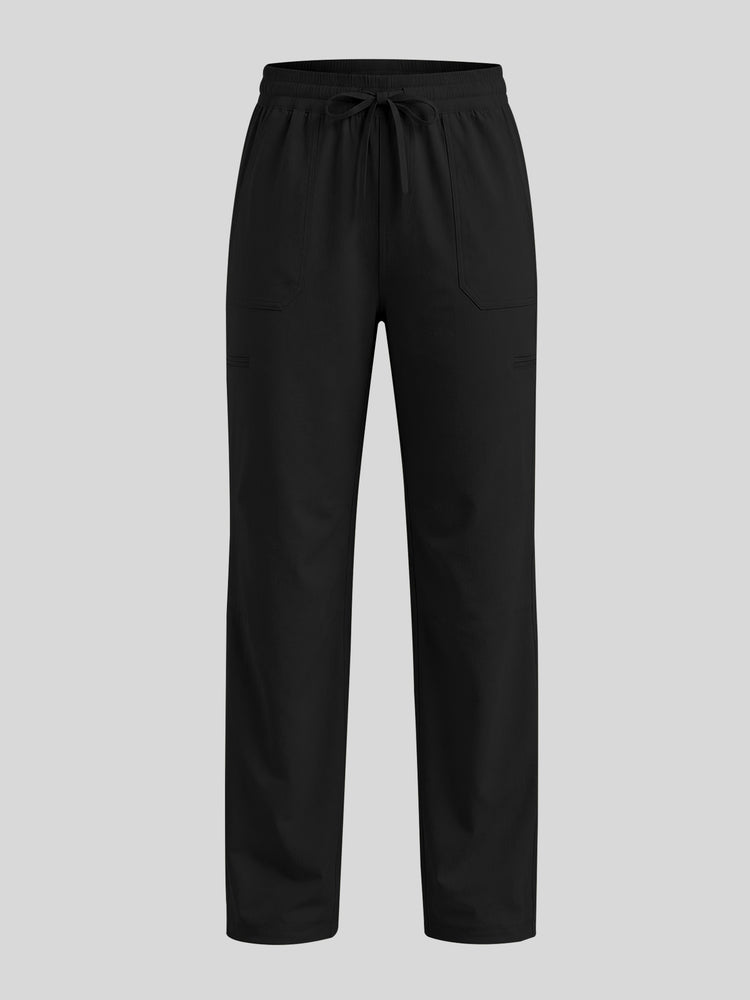 Black scrub pants with an elastic drawstring waist and side pockets 
