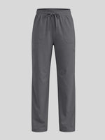 A pair of dark gray scrub pants with an elastic drawstring waist and side pockets  