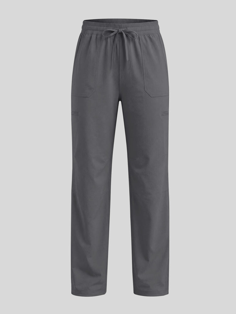 A pair of dark gray scrub pants with an elastic drawstring waist and side pockets  
