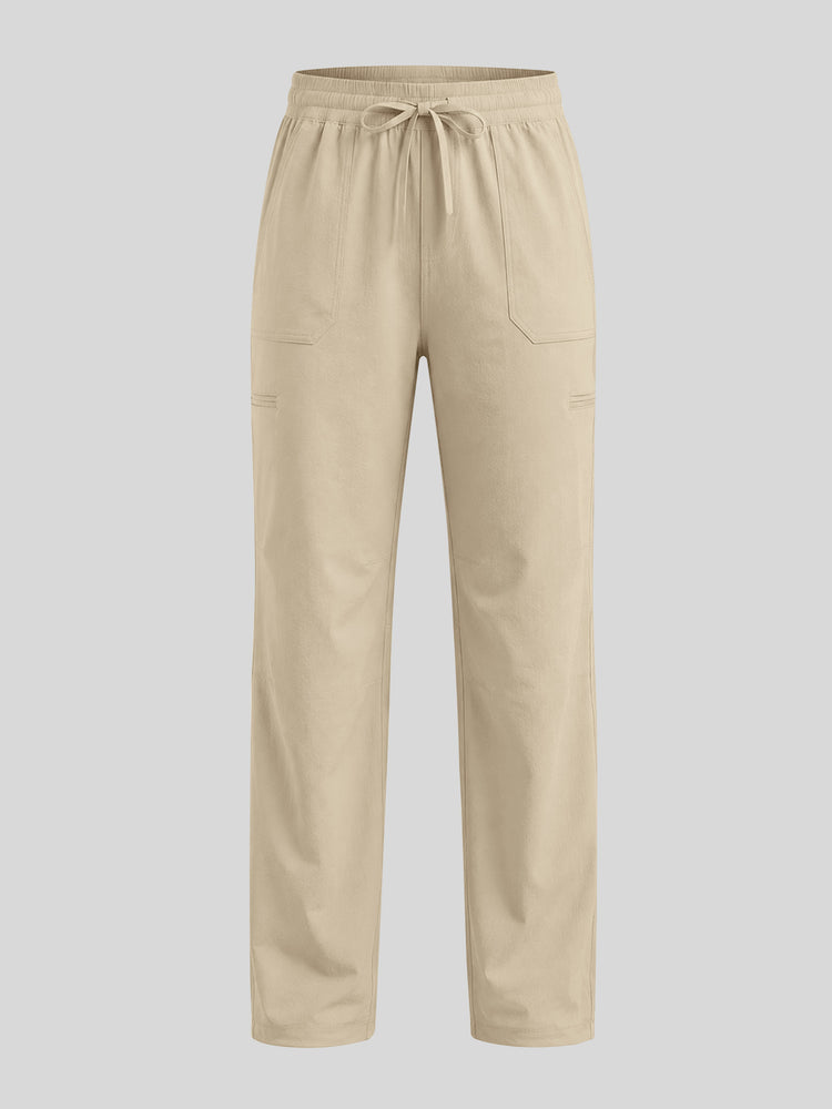 Beige scrub pants with an elastic drawstring waist and side pockets 