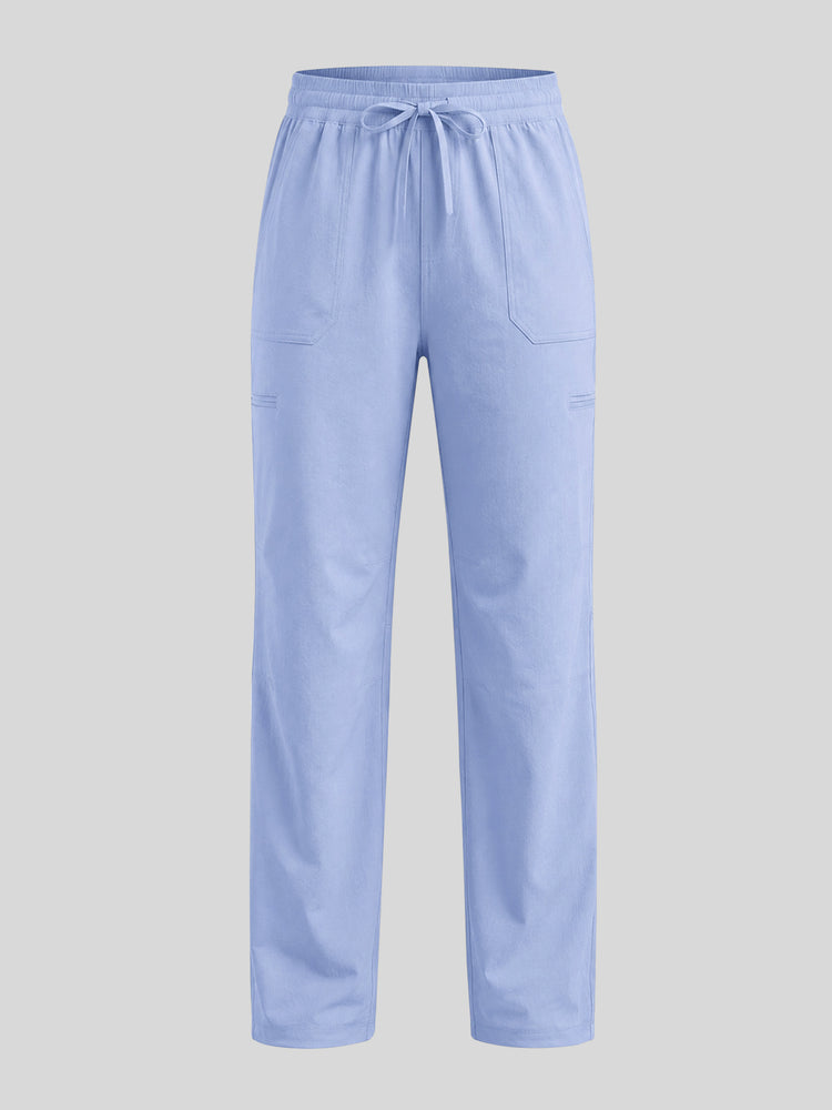 Light blue scrub pants with an elastic drawstring waist and side pockets, 