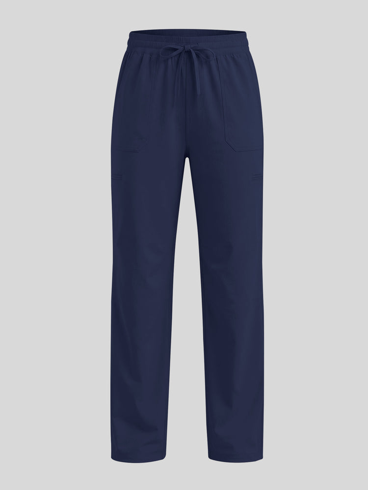 A pair of navy blue scrub pants with an elastic waistband and drawstring 