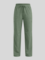 A pair of olive green scrub pants with an elastic drawstring waist and side cargo pockets 