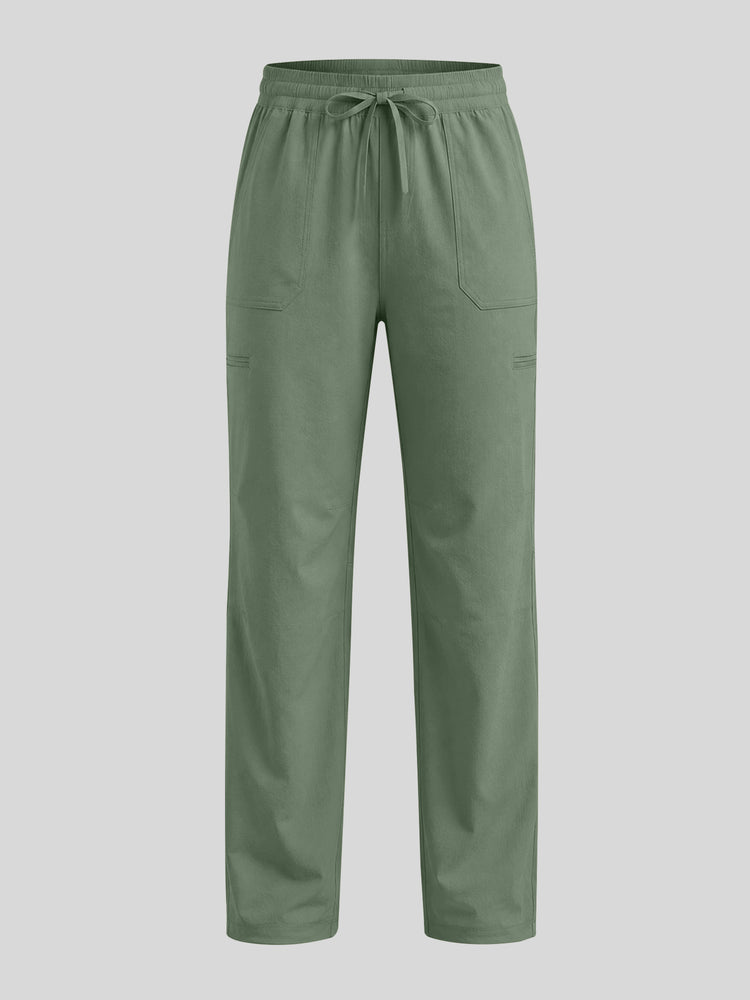 A pair of olive green scrub pants with an elastic drawstring waist and side cargo pockets 