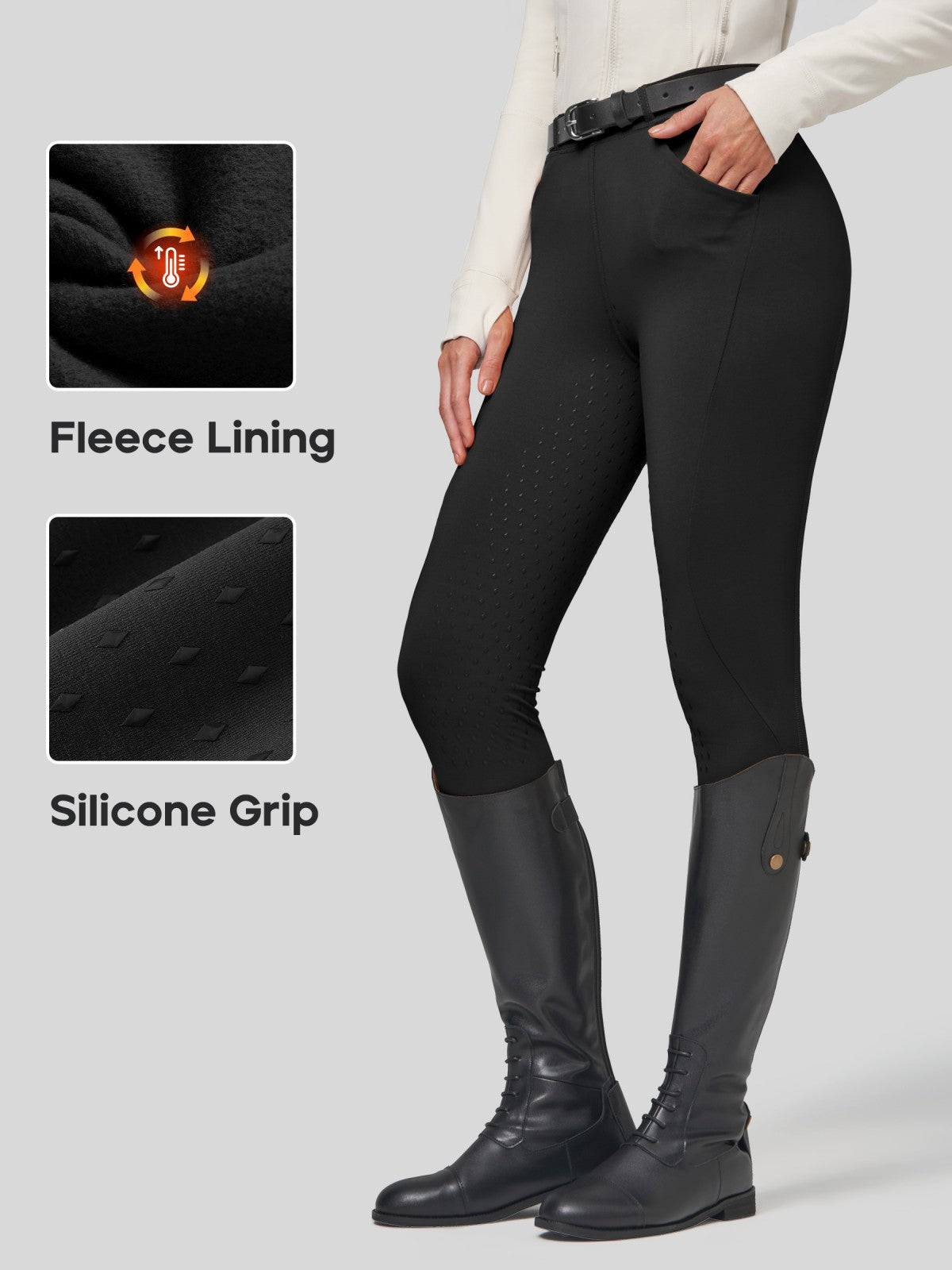 Women's riding breeches show on a model from the waist down, paired with black riding boots - Fabric features fleece lining and silicone grip texture 