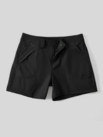 Women's black outdoor shorts with a button closure, zippered front pocket display flat 