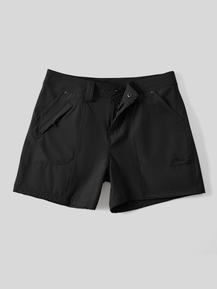 Women's black outdoor shorts with a button closure, zippered front pocket display flat 