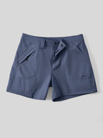 A pair of women's outdoor shorts with a button closure and zippered side pockets display flat 