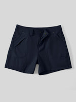 A pair of dark navy blue outdoor shorts with zippered side pockets and a button closure, displayed flat 