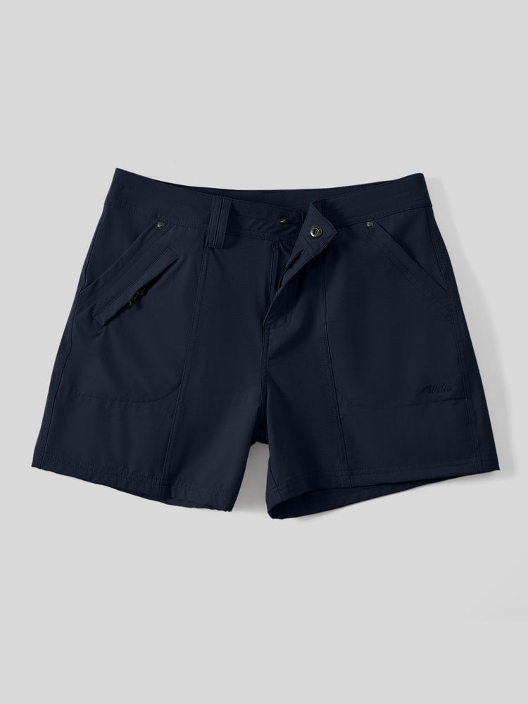 A pair of dark navy blue outdoor shorts with zippered side pockets and a button closure, displayed flat 