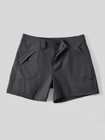 Women's dark gray outdoor shorts with a button closure, zippered side pockets 