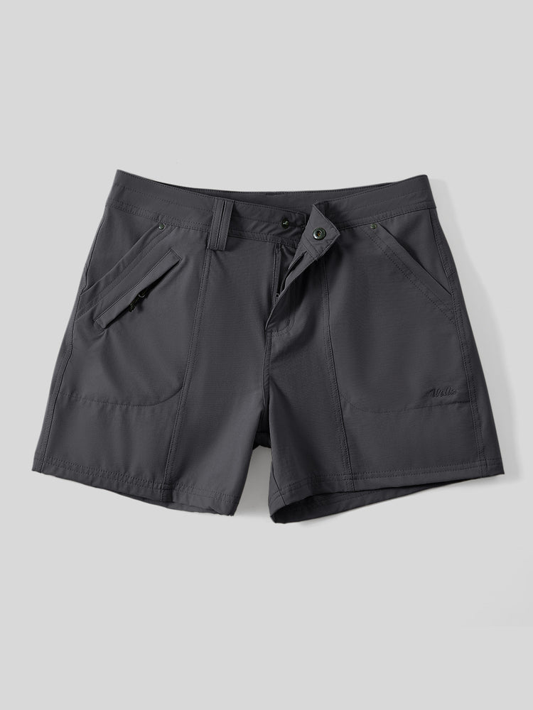Women's dark gray outdoor shorts with a button closure, zippered side pockets 