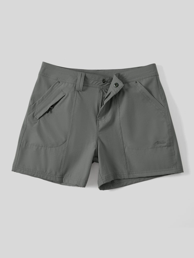 Women's gark gray outdoor shorts with a button closure, zippered side pockets 