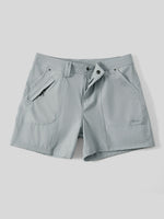 A pair of light gray outdoor shorts with a button closure, zippered side pockets 