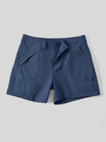 A pair of women's outdoor shorts with a button closure and zippered side pockets display flat 