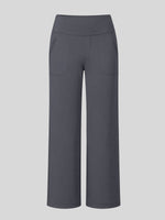 A pair of dark gray wide-leg cropped pants with a high waistband and side pockets 