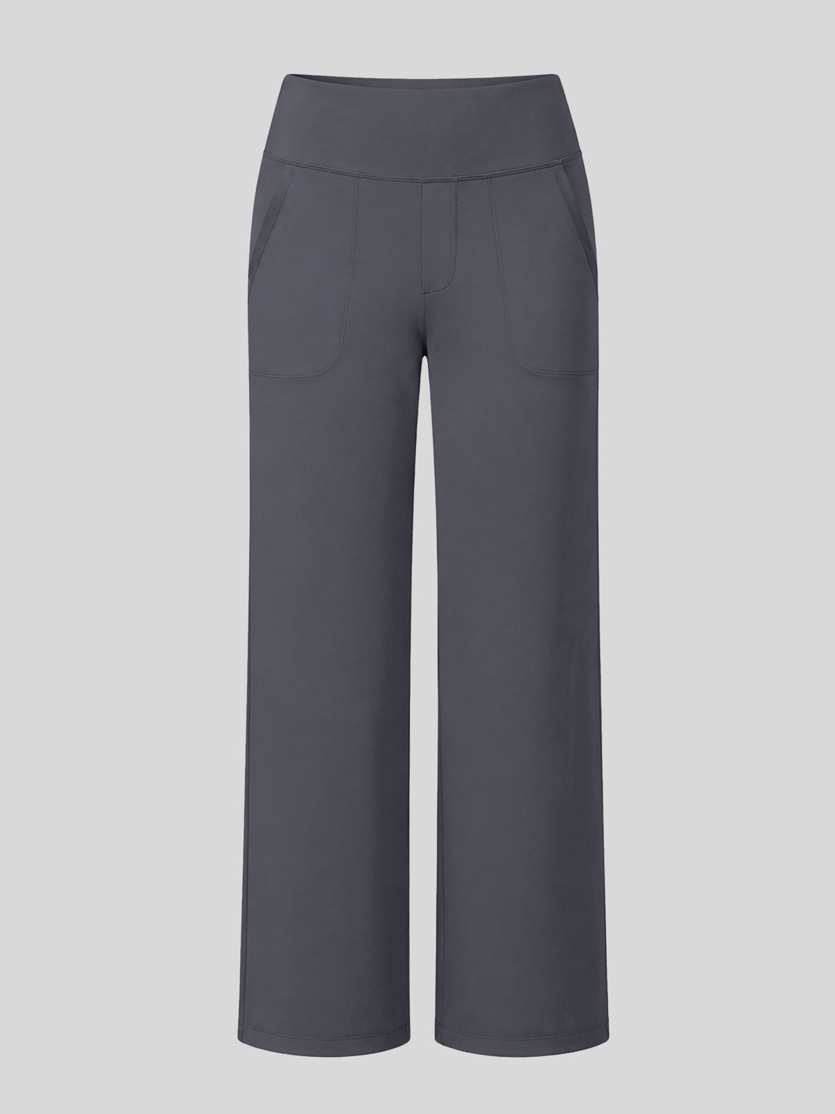 A pair of dark gray wide-leg cropped pants with a high waistband and side pockets 
