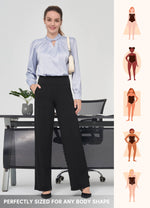 Woman wearing beige wide-leg pants for different body types 