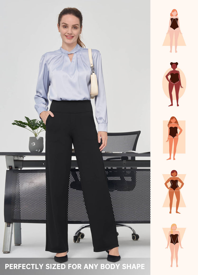Woman wearing beige wide-leg pants for different body types 
