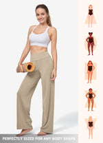Woman wearing beige wide-leg pants for different body types 