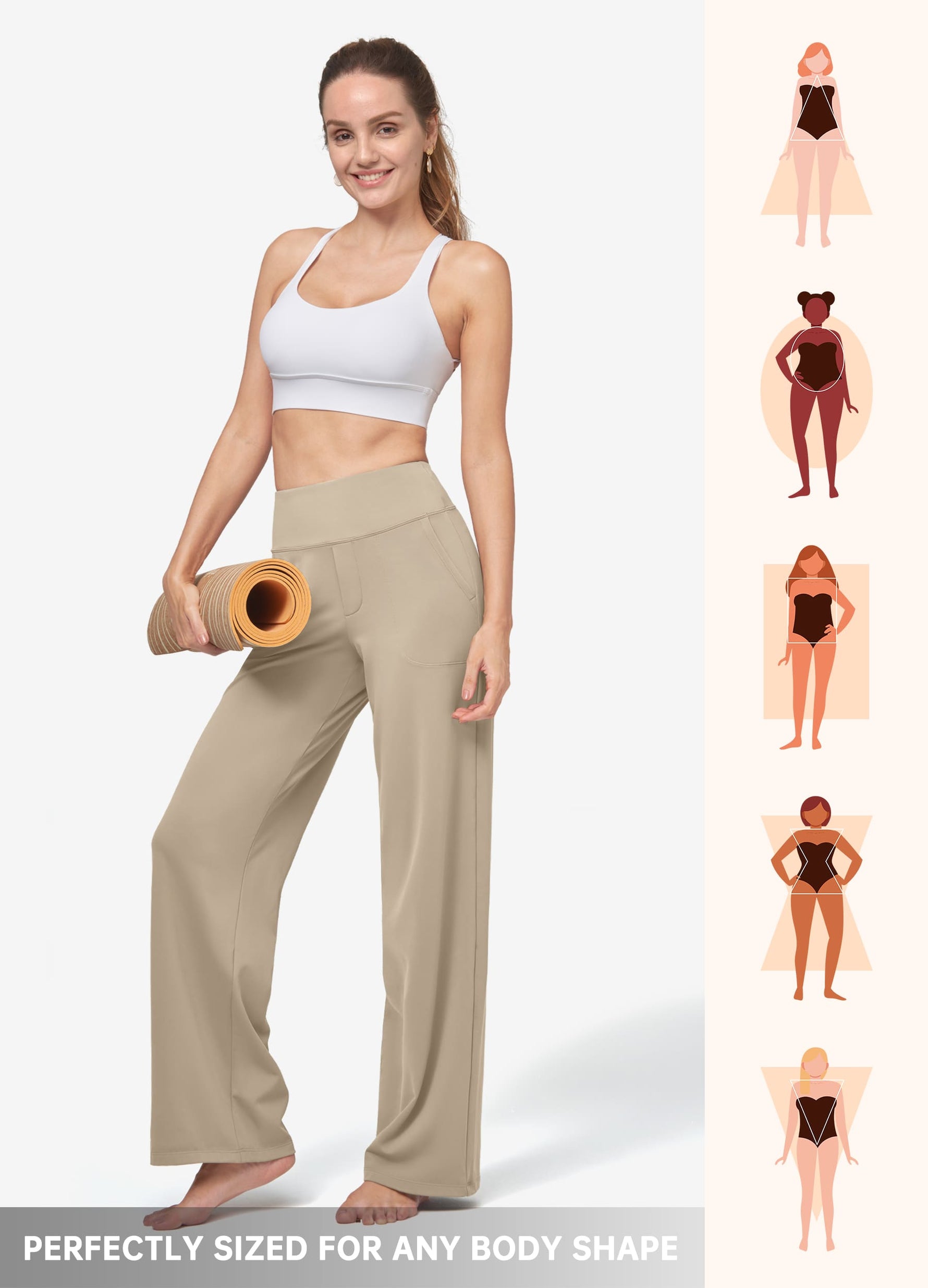 Woman wearing beige wide-leg pants for different body types 